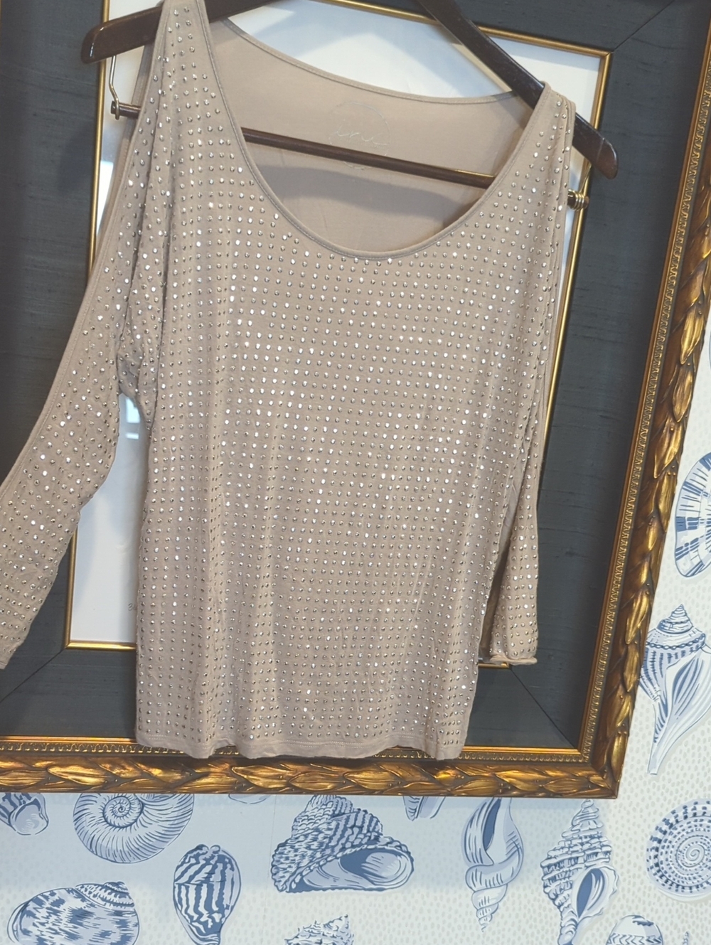 INC Embellished Open Sleeve Silky Soft Scoop Neck Top Silver Studs Beige Small